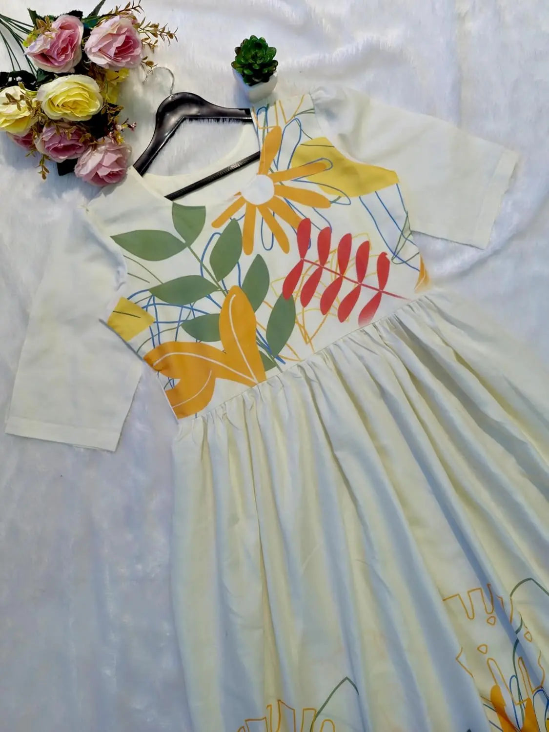 Floral Print Cotton Midi Dress, Short Sleeve, White with Yellow and Red Flowers, A-Line Fit Bhai Bhai Online Store