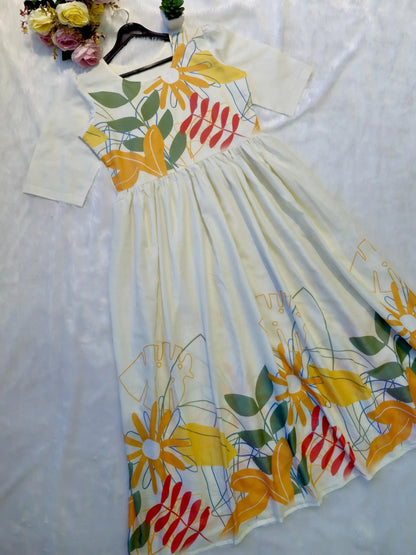 Floral Print Cotton Midi Dress, Short Sleeve, White with Yellow and Red Flowers, A-Line Fit Bhai Bhai Online Store